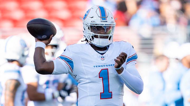 August 13, 2026; Santa Clara, California, USA; Tennessee Titans quarterback Cam Ward (1) warms up before the game against the San Francisco 49ers at Levi's Stadium. Mandatory Credit: Kyle Terada-Imagn Images