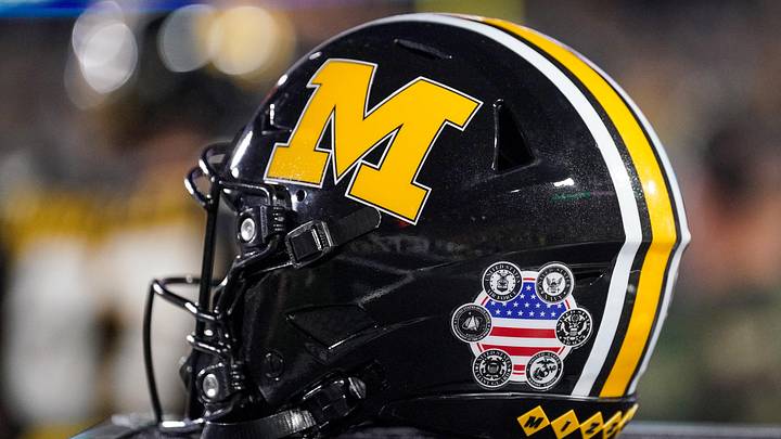 Nov 15, 2025; Columbia, Missouri, USA; A general view of a Missouri Tigers helmet against the Mississippi State Bulldogs during the first half of the game at Faurot Field at Memorial Stadium. Mandatory Credit: Denny Medley-Imagn Images