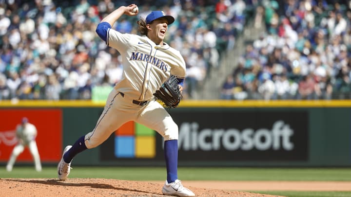 Seattle Mariners pitcher Logan Gilbert throws during a game against the Texas Rangers on April 13 at T-Mobile Park. Seattle Mariners pitcher Logan Gilbert throws during a game against the Texas Rangers on April 13 at T-Mobile Park.