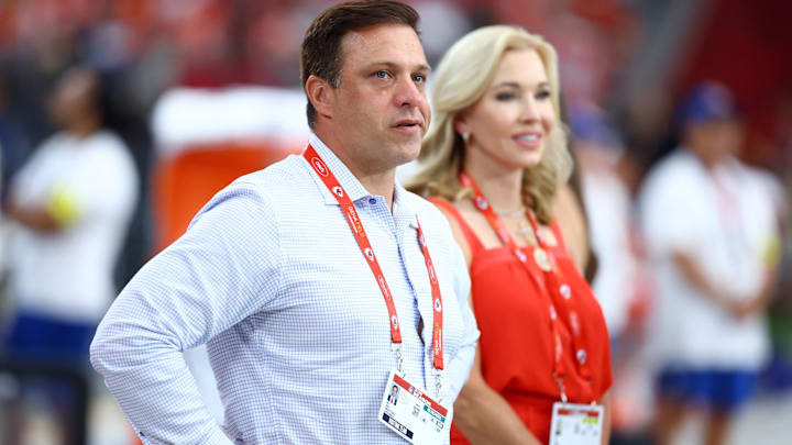 Aug 9, 2025; Glendale, Arizona, USA; Kansas City Chiefs general manager Brett Veach against the Arizona Cardinals during a preseason NFL game at State Farm Stadium. Aug 9, 2025; Glendale, Arizona, USA; Kansas City Chiefs general manager Brett Veach against the Arizona Cardinals during a preseason NFL game at State Farm Stadium.