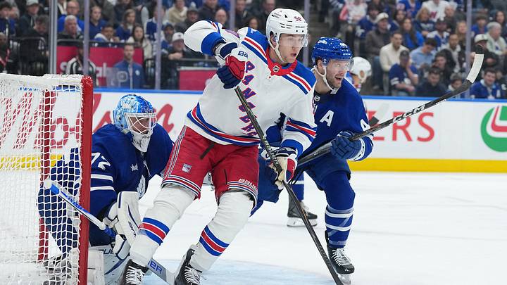 Oct 22, 2026; Toronto, Ontario, CAN; New York Rangers left wing Will Cuylle (50) battles with Toronto Maple Leafs defenseman Morgan Rielly (44) during the second period at Scotiabank Arena. Mandatory Credit: Nick Turchiaro-Imagn Images Oct 22, 2026; Toronto, Ontario, CAN; New York Rangers left wing Will Cuylle (50) battles with Toronto Maple Leafs defenseman Morgan Rielly (44) during the second period at Scotiabank Arena. Mandatory Credit: Nick Turchiaro-Imagn Images