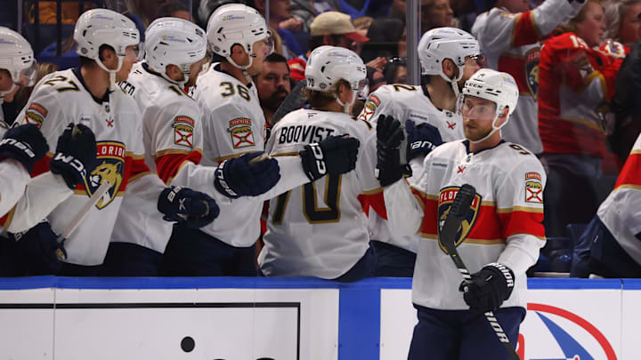 Oct 12, 2024; Buffalo, New York, USA;  Florida Panthers center Sam Bennett (9) celebrates his goal with teammates during the second period against the Buffalo Sabres at KeyBank Center. Mandatory Credit: Timothy T. Ludwig-Imagn Images