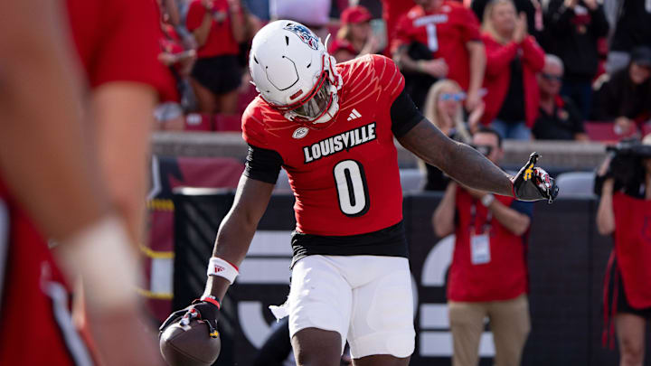 Louisville Cardinals wide receiver Chris Bell (0) celebrates his touchdown during their game against the Jacksonville State Gamecocks on Saturday, Sept. 7, 2024 at L&N Federal Credit Union Stadium in Louisville, Ky.