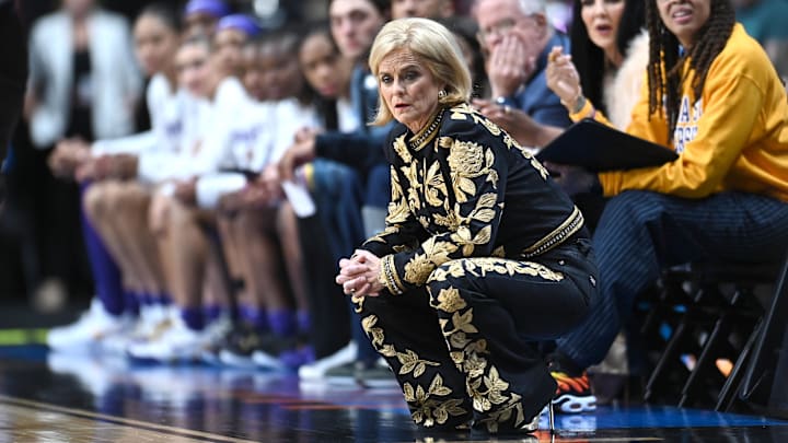 Mar 28, 2025; Spokane, WA, USA; LSU Lady Tigers head coach Kim Mulkey looks on against the NC State Wolfpack during the first half of a Sweet 16 NCAA Tournament basketball game at Spokane Arena. Mandatory Credit: James Snook-Imagn Images Mar 28, 2025; Spokane, WA, USA; LSU Lady Tigers head coach Kim Mulkey looks on against the NC State Wolfpack during the first half of a Sweet 16 NCAA Tournament basketball game at Spokane Arena. Mandatory Credit: James Snook-Imagn Images