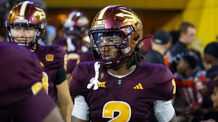 Oct 5, 2024; Tempe, Arizona, USA; Arizona State Sun Devils defensive back Xavion Alford (2) against the Kansas Jayhawks at Mountain America Stadium. Mandatory Credit: Mark J. Rebilas-Imagn Images