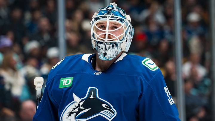 Jan 2, 2026; Vancouver, British Columbia, CAN; Vancouver Canucks goalie Thatcher Demko (35) during a stop in play against the Seattle Kraken in the first period at Rogers Arena. Mandatory Credit: Bob Frid-Imagn Images