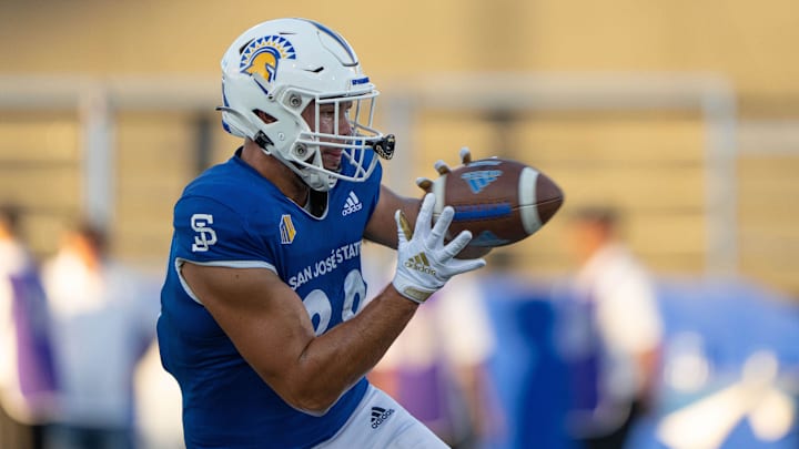Sep 1, 2022; San Jose, California, USA;  San Jose State Spartans tight end Sam Olson (88) catches the ball during warmups before the start of the first quarter against Portland State Vikings at CEFCU Stadium. Mandatory Credit: Stan Szeto-USA TODAY Sports