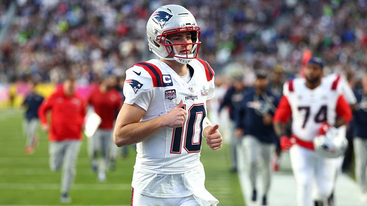 Feb 8, 2026; Santa Clara, CA, USA; New England Patriots quarterback Drake Maye (10) leaves the field at halftime against the Seattle Seahawks in Super Bowl LX at Levi's Stadium. Mandatory Credit: Mark J. Rebilas-Imagn Images
