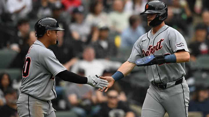 Detroit Tigers right fielder Ben Malgeri (53) celebrates with second baseman Hao-Yu Lee (50) after scoring. Credit: Patrick Gorski-Imagn Images Detroit Tigers right fielder Ben Malgeri (53) celebrates with second baseman Hao-Yu Lee (50) after scoring. Credit: Patrick Gorski-Imagn Images