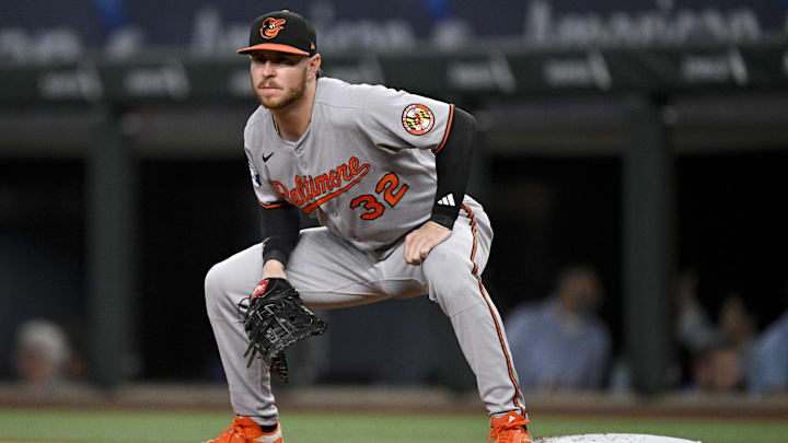 Jul 2, 2025; Arlington, Texas, USA; Baltimore Orioles first baseman Ryan O'Hearn (32) in action during the game between the Texas Rangers and the Baltimore Orioles at Globe Life Field. Mandatory Credit: Jerome Miron-Imagn Images