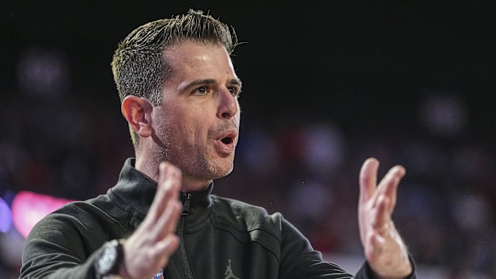 Feb 25, 2025; Athens, Georgia, USA; Florida Gators head coach Todd Golden reacts against the Georgia Bulldogs during the first half at Stegeman Coliseum. Mandatory Credit: Dale Zanine-Imagn Images