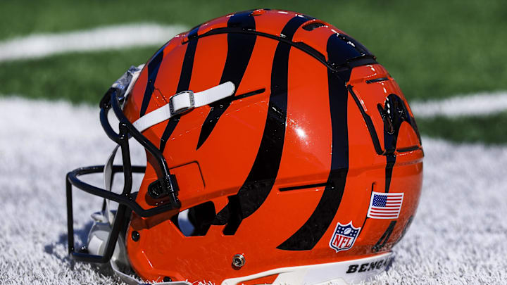 Dec 1, 2024; Cincinnati, Ohio, USA; A general view of the helmet of Cincinnati Bengals long snapper Cal Adomitis (48) during warmups before the game against the Pittsburgh Steelers at Paycor Stadium. Mandatory Credit: Katie Stratman-Imagn Images