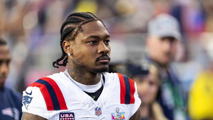 Feb 8, 2026; Santa Clara, CA, USA; New England Patriots wide receiver Stefon Diggs (8) against the Seattle Seahawks during Super Bowl LX at Levi's Stadium. Mandatory Credit: Mark J. Rebilas-Imagn Images