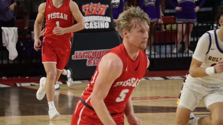 Pisgah boys basketball takes on Susan Moore in the AHSAA Northeast Regional Sweet 16 round in Jacksonville, Alabama on Tuesday, Feb. 11, 2025. (Maxwell Donaldson, The Gadsden Times)