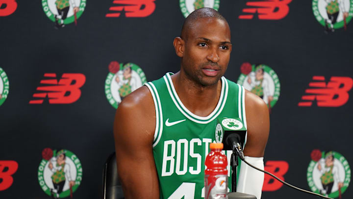 Sep 24, 2024; Boston, MA, USA; Boston Celtics center Al Horford (42) talks to reporters during media day at Auerbach Center. Mandatory Credit: David Butler II-Imagn Images Sep 24, 2024; Boston, MA, USA; Boston Celtics center Al Horford (42) talks to reporters during media day at Auerbach Center. Mandatory Credit: David Butler II-Imagn Images