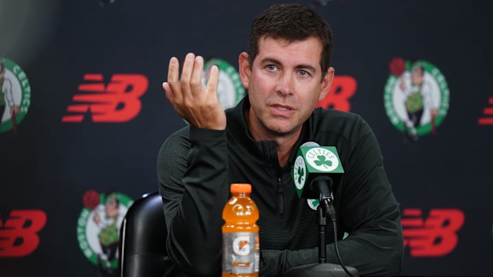 Sep 29, 2025; Boston, MA, USA; Boston Celtics president of basketball operations Brad Stevens talks to reporters during media day at the Auerbach Center. Mandatory Credit: David Butler II-Imagn Images