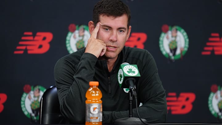 Sep 29, 2025; Boston, MA, USA; Boston Celtics president of basketball operations Brad Stevens talks to reporters during media day at the Auerbach Center. Mandatory Credit: David Butler II-Imagn Images Sep 29, 2025; Boston, MA, USA; Boston Celtics president of basketball operations Brad Stevens talks to reporters during media day at the Auerbach Center. Mandatory Credit: David Butler II-Imagn Images