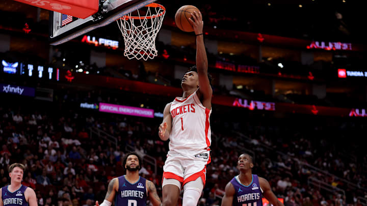Feb 5, 2026; Houston, Texas, USA; Houston Rockets guard Amen Thompson (1) shoots against the Charlotte Hornets during the third quarter at Toyota Center. Mandatory Credit: Erik Williams-Imagn Images Feb 5, 2026; Houston, Texas, USA; Houston Rockets guard Amen Thompson (1) shoots against the Charlotte Hornets during the third quarter at Toyota Center. Mandatory Credit: Erik Williams-Imagn Images