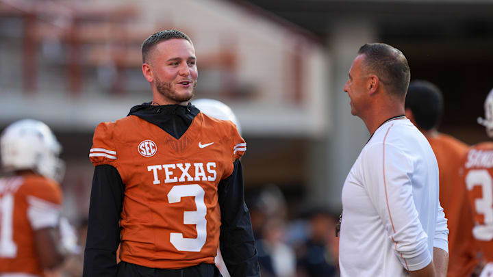 Sep 21, 2024; Austin, Texas, USA;  Texas Longhorns quarterback Quinn Ewers (3) talks with head coach Steve Sarkisian before the game against Louisiana Monroe Warhawks at Darrell K Royal-Texas Memorial Stadium. Mandatory Credit: Daniel Dunn-Imagn Images
