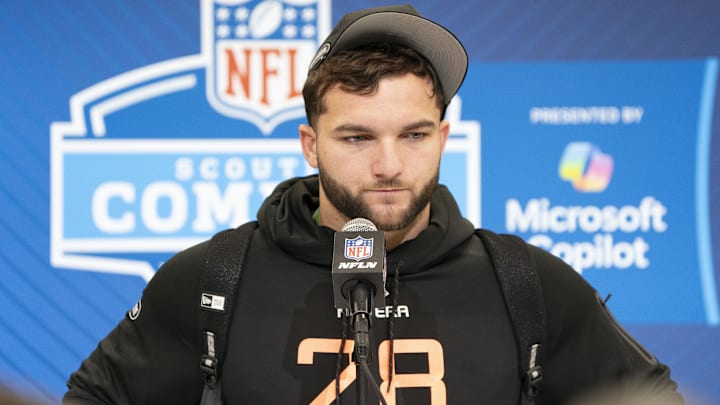 Feb 28, 2025; Indianapolis, IN, USA; Arizona State running back Cameron Skattebo (RB28) during the 2025 NFL Combine at Indiana Convention Center. 