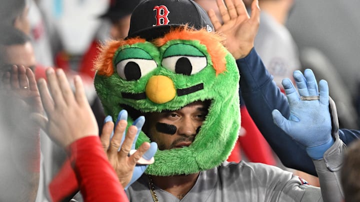 Apr 27, 2026; Toronto, Ontario, CAN;  Boston Red Sox catcher Carlos Narvaez (75) celebrates with team mates in the dugout after hitting a solo home run against the Toronto Blue Jays in the eighth inning at Rogers Centre. Mandatory Credit: Dan Hamilton-Imagn Images