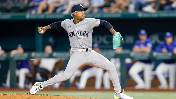 Sep 4, 2024; Arlington, Texas, USA; New York Yankees pitcher Marcus Stroman (0) throws during the first inning against the Texas Rangers at Globe Life Field. Sep 4, 2024; Arlington, Texas, USA; New York Yankees pitcher Marcus Stroman (0) throws during the first inning against the Texas Rangers at Globe Life Field.