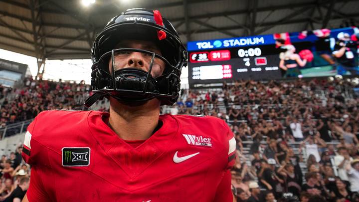Sep 19, 2026; Cincinnati, Ohio, USA;  Cincinnati Bearcats quarterback JC French IV celebrates on the field after defeating the Miami (OH) RedHawks at TQL Stadium. Mandatory Credit: Aaron Doster-Imagn Images