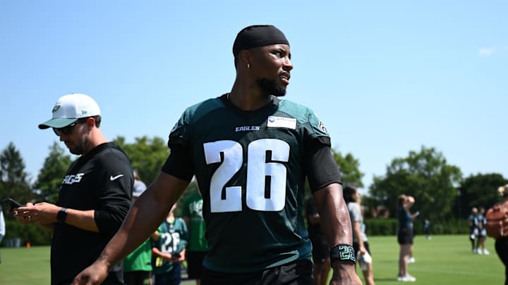 Jul 24, 2025; Philadelphia, PA, USA; Philadelphia Eagles running back Saquon Barkley (26) looks on during training camp at NovaCare Complex. Mandatory Credit: Kyle Ross-Imagn Images Jul 24, 2025; Philadelphia, PA, USA; Philadelphia Eagles running back Saquon Barkley (26) looks on during training camp at NovaCare Complex. Mandatory Credit: Kyle Ross-Imagn Images
