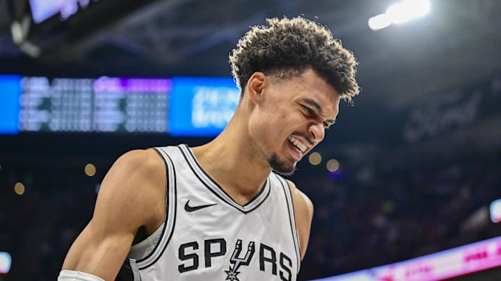 Nov 26, 2024; Salt Lake City, Utah, USA; San Antonio Spurs forward/center Victor Wembanyama (1) reacts after a collision with Utah Jazz forward/center Lauri Markkanen (not pictured) during the second half at Delta Center. Mandatory Credit: Christopher Creveling-Imagn Images