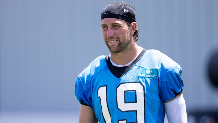 Jul 26, 2025; Charlotte, NC, USA; Carolina Panthers wide receiver Adam Thielen (19) walks off after practice at training camp.