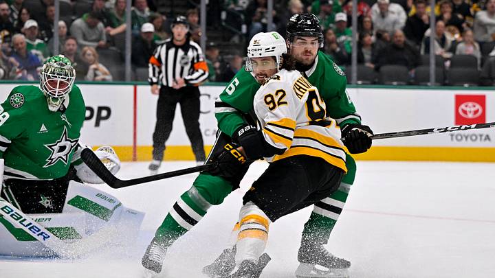 Oct 20, 2026; Dallas, Texas, USA; Dallas Stars defenseman Lian Bichsel (6) checks Boston Bruins center Marat Khusnutdinov (92) during the first period at the American Airlines Center. Mandatory Credit: Jerome Miron-Imagn Images Oct 20, 2026; Dallas, Texas, USA; Dallas Stars defenseman Lian Bichsel (6) checks Boston Bruins center Marat Khusnutdinov (92) during the first period at the American Airlines Center. Mandatory Credit: Jerome Miron-Imagn Images