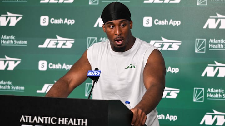 Jun 11, 2025; Florham Park, NY, USA; New York Jets running back Breece Hall (20) speaks at a press conference during minicamp at Atlantic Health Jets Training Center. Mandatory Credit: John Jones-Imagn Images