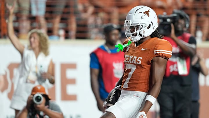 Sep 14, 2024; Austin, Texas, USA; Texas Longhorns wide receiver Isaiah Bond (7) runs for a touchdown during the second half against the Texas-San Antonio Roadrunners at Darrell K Royal-Texas Memorial Stadium. Mandatory Credit: Scott Wachter-Imagn Images