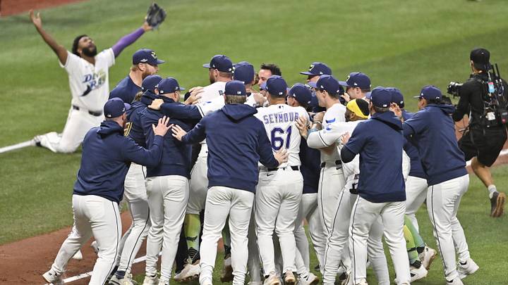Oct 19, 2026; St. Petersburg, Florida, USA; The Tampa Bay Rays celebrate defeating the Cleveland Guardians in game six of the ALCS for the 2026 MLB Playoffs at Tropicana Field. Mandatory Credit: Pablo Robles-Imagn Images Oct 19, 2026; St. Petersburg, Florida, USA; The Tampa Bay Rays celebrate defeating the Cleveland Guardians in game six of the ALCS for the 2026 MLB Playoffs at Tropicana Field. Mandatory Credit: Pablo Robles-Imagn Images