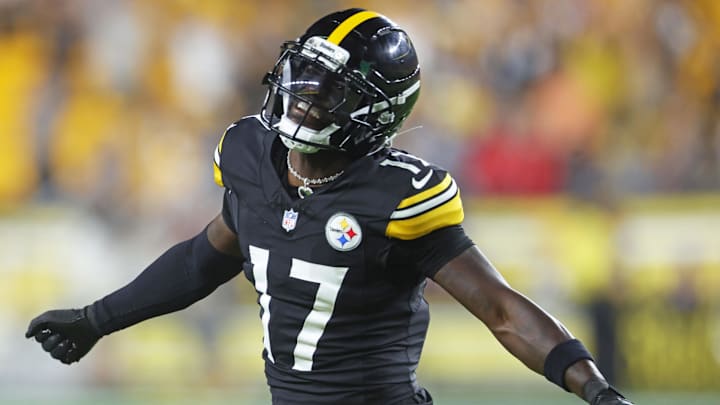 Aug 16, 2025; Pittsburgh, Pennsylvania, USA;  Pittsburgh Steelers cornerback D'Shawn Jamison (17) reacts after causing a Tampa Bay Buccaneers fumble during the fourth quarter at Acrisure Stadium. Mandatory Credit: Charles LeClaire-Imagn Images