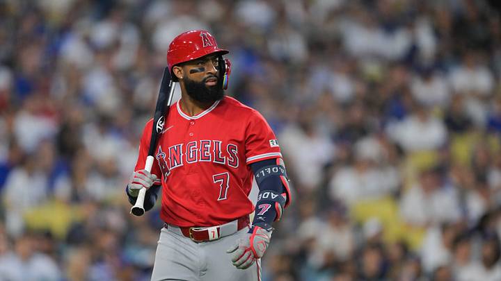 Jun 5, 2026; Los Angeles, California, USA; Los Angeles Angels right fielder Jo Adell (7) walks back to the dugout after striking out during the fourth inning against the Los Angeles Dodgers at Dodger Stadium. Mandatory Credit: Jayne Kamin-Oncea-Imagn Images Jun 5, 2026; Los Angeles, California, USA; Los Angeles Angels right fielder Jo Adell (7) walks back to the dugout after striking out during the fourth inning against the Los Angeles Dodgers at Dodger Stadium. Mandatory Credit: Jayne Kamin-Oncea-Imagn Images