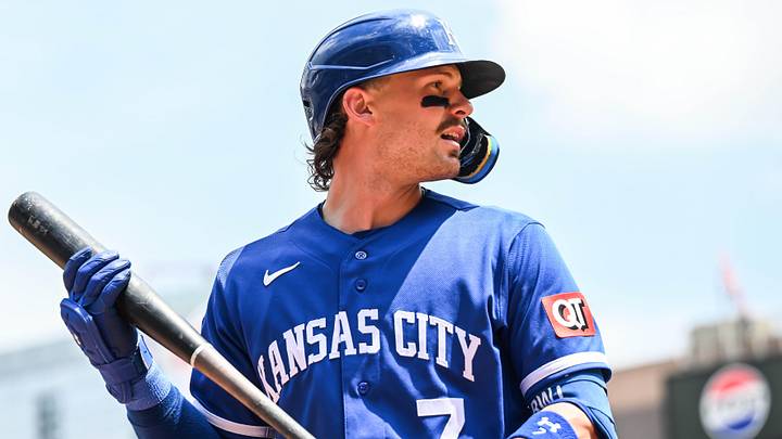Jun 7, 2026; Minneapolis, Minnesota, USA; Kansas City Royals shortstop Bobby Witt Jr. (7) reacts after striking out against the Minnesota Twins during the third inning at Target Field. Mandatory Credit: Jeffrey Becker-Imagn Images