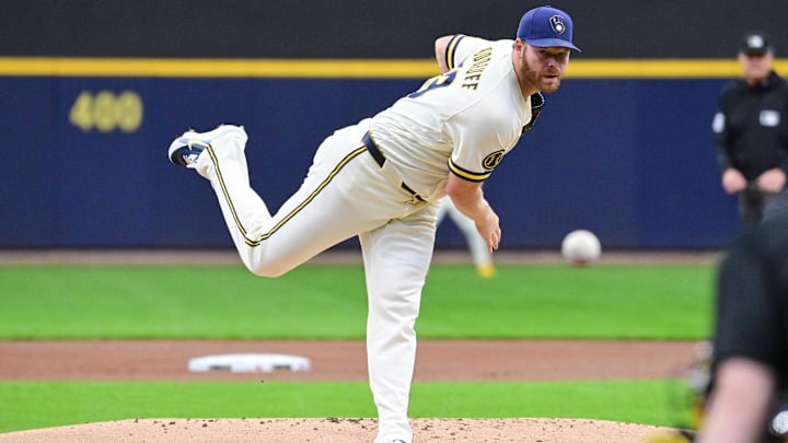 Apr 30, 2026; Milwaukee, Wisconsin, USA;  Milwaukee Brewers starting pitcher Brandon Woodruff (53) throws a pitch in the first inning against the Arizona Diamondbacks at American Family Field. Mandatory Credit: Benny Sieu-Imagn Images