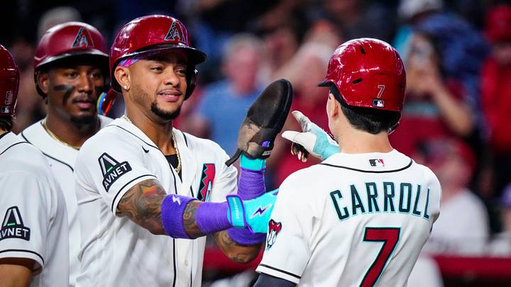 Diamondbacks outfielder Corbin Carroll (7) and Ketel Marte (L) celebrate a Carroll grand-slam against the Angels during a game at Chase Field in Phoenix, Ariz. on June 17, 2026. Diamondbacks outfielder Corbin Carroll (7) and Ketel Marte (L) celebrate a Carroll grand-slam against the Angels during a game at Chase Field in Phoenix, Ariz. on June 17, 2026.