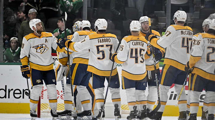 Jan 6, 2024; Dallas, Texas, USA; Nashville Predators center Ryan O'Reilly (90) celebrates with his