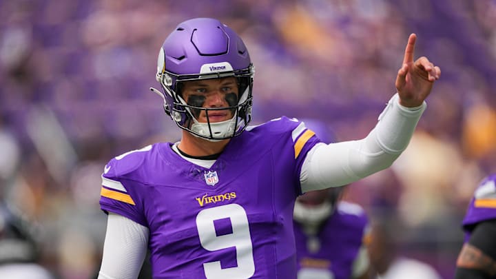 Aug 9, 2025; Minneapolis, Minnesota, USA; Minnesota Vikings quarterback J.J. McCarthy (9) before the game against the Houston Texans at U.S. Bank Stadium. Mandatory Credit: Brad Rempel-Imagn Images