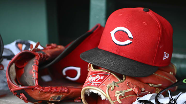 Jul 23, 2025; Washington, District of Columbia, USA; General view of Cincinnati Reds hat during the game against the Washington Nationals at Nationals Park. Mandatory Credit: Brad Mills-Imagn Images Jul 23, 2025; Washington, District of Columbia, USA; General view of Cincinnati Reds hat during the game against the Washington Nationals at Nationals Park. Mandatory Credit: Brad Mills-Imagn Images