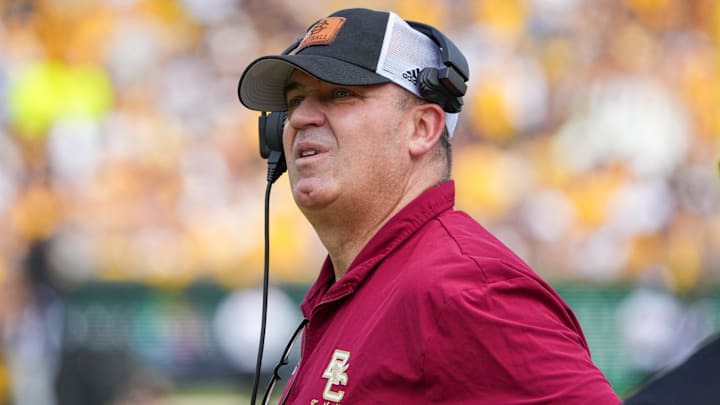 Sep 14, 2024; Columbia, Missouri, USA; Boston College Eagles head coach Bill O'Brien watches the replay board against the Missouri Tigers during the first half at Faurot Field at Memorial Stadium. Mandatory Credit: Denny Medley-Imagn Images