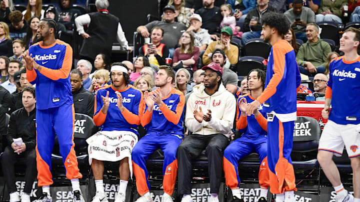 Nov 23, 2024; Salt Lake City, Utah, USA; The New York Knicks bench reacts after a basket against the Utah Jazz during the first half at the Delta Center. Mandatory Credit: Christopher Creveling-Imagn Images Nov 23, 2024; Salt Lake City, Utah, USA; The New York Knicks bench reacts after a basket against the Utah Jazz during the first half at the Delta Center. Mandatory Credit: Christopher Creveling-Imagn Images
