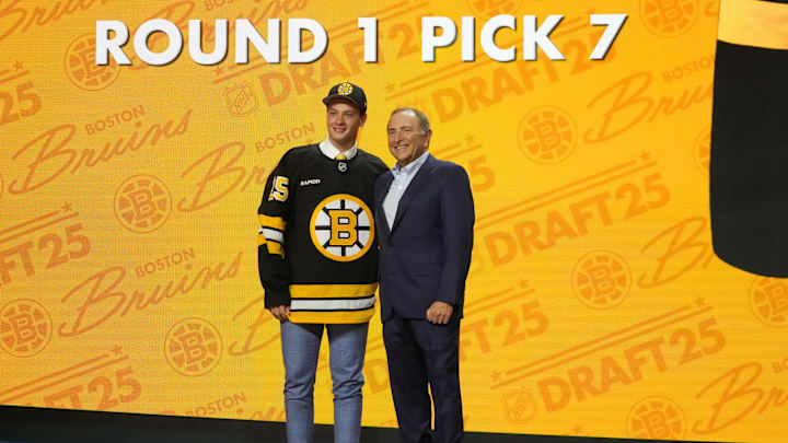 Jun 27, 2025; Los Angeles, California, USA; James Hagens is selected as the seventh overall pick to the Boston Bruins in the first round of the 2025 NHL Draft at Peacock Theater. Mandatory Credit: Kirby Lee-Imagn Images