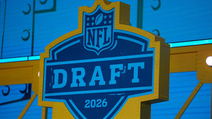 Apr 23, 2026; Pittsburgh, PA, USA; The 2026 NFL Draft logo on the theater stage at Acrisure Stadium. Mandatory Credit: Kirby Lee-Imagn Images
