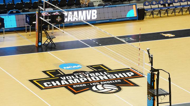 A general overall view of the 2026 NCAA Men's Volleyball Championship logo on the court at Pauley Pavilion. 