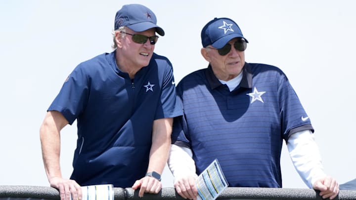 Jul 22, 2025; Oxnard, CA, USA; Dallas Cowboys owner Jerry Jones  (right) and son Jerry Jones Jr. during training camp at the River Ridge Fields. Mandatory Credit: Kirby Lee-Imagn Images