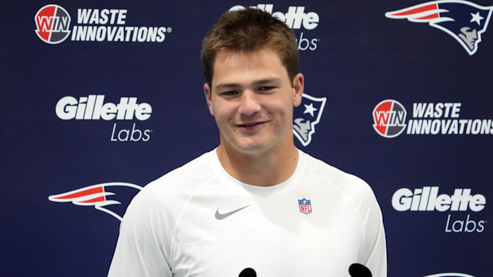 Oct 18, 2024; London, United Kingdom; New England Patriots quarterback Drake Maye (10) at press conference at the Harrow School. Mandatory Credit: Kirby Lee-Imagn Images