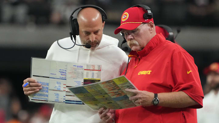 Oct 27, 2024; Paradise, Nevada, USA; Kansas City Chiefs offensive coordinator Matt Nagy (left) and coach Andy Reid react against the Las Vegas Raiders in the second half at Allegiant Stadium. Mandatory Credit: Kirby Lee-Imagn Images